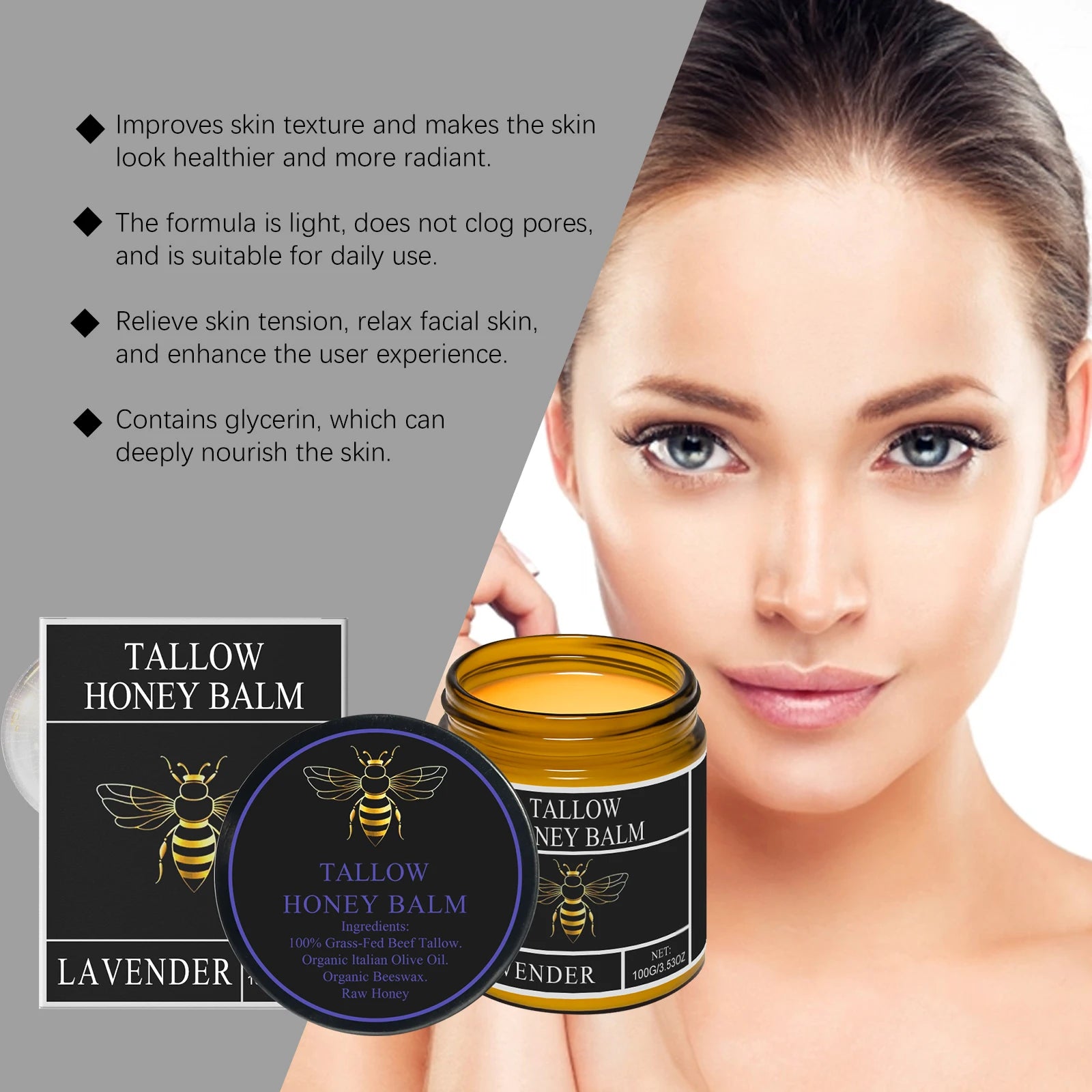 Beef Tallow Honey Cream Moisturizing Firming Soft Smoothing Skin Soothing Reduce Redness Hydrating Nourishing Tallow Honey Balm