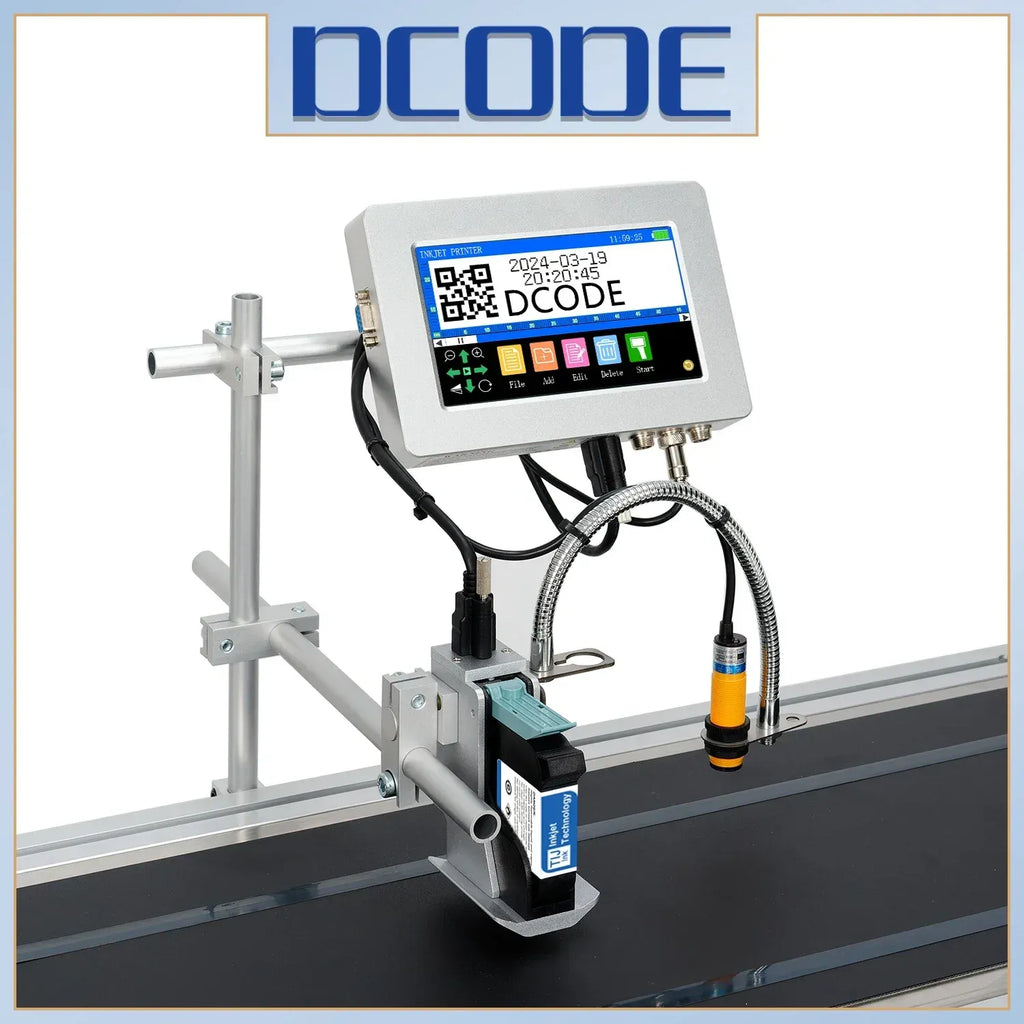 Industrial online thermal inkjet printer with touchscreen and QR code label head on frame
