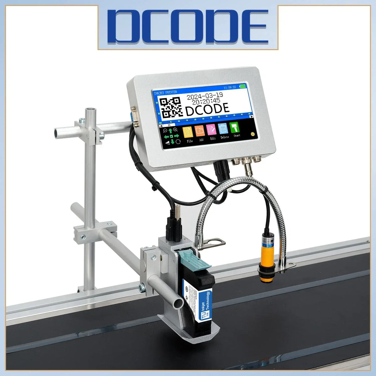 Industrial online thermal inkjet printer with touchscreen and QR code label head on frame