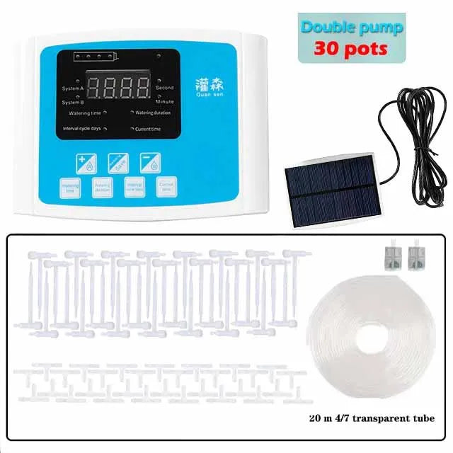 Solar drip irrigation controller with double pump, solar panel, wiring, drip stakes, 30-pots kit