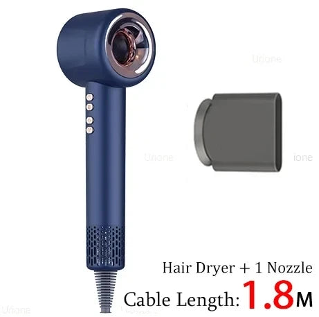 Blue 1600W leafless negative ion hair dryer with nozzle attachment for professional styling and fast hair drying.