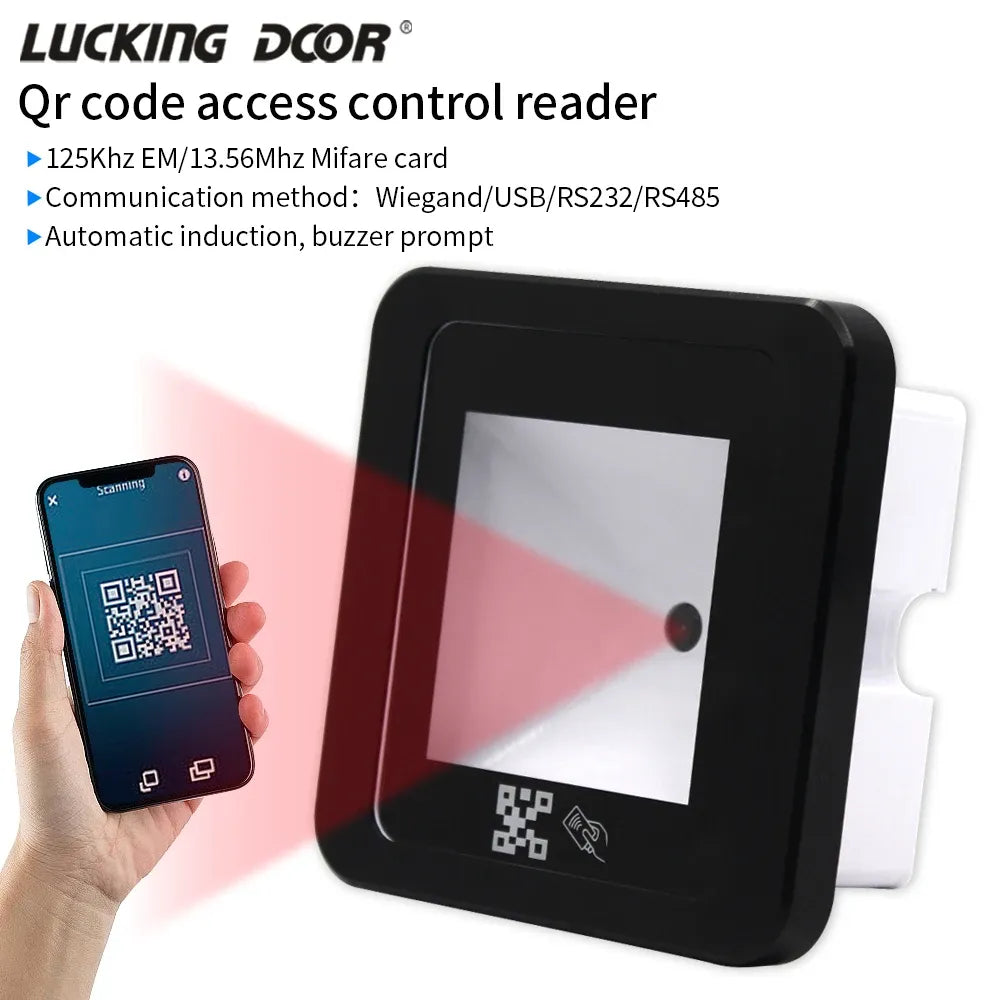 Black wall-mounted QR code access control reader with front scanning display