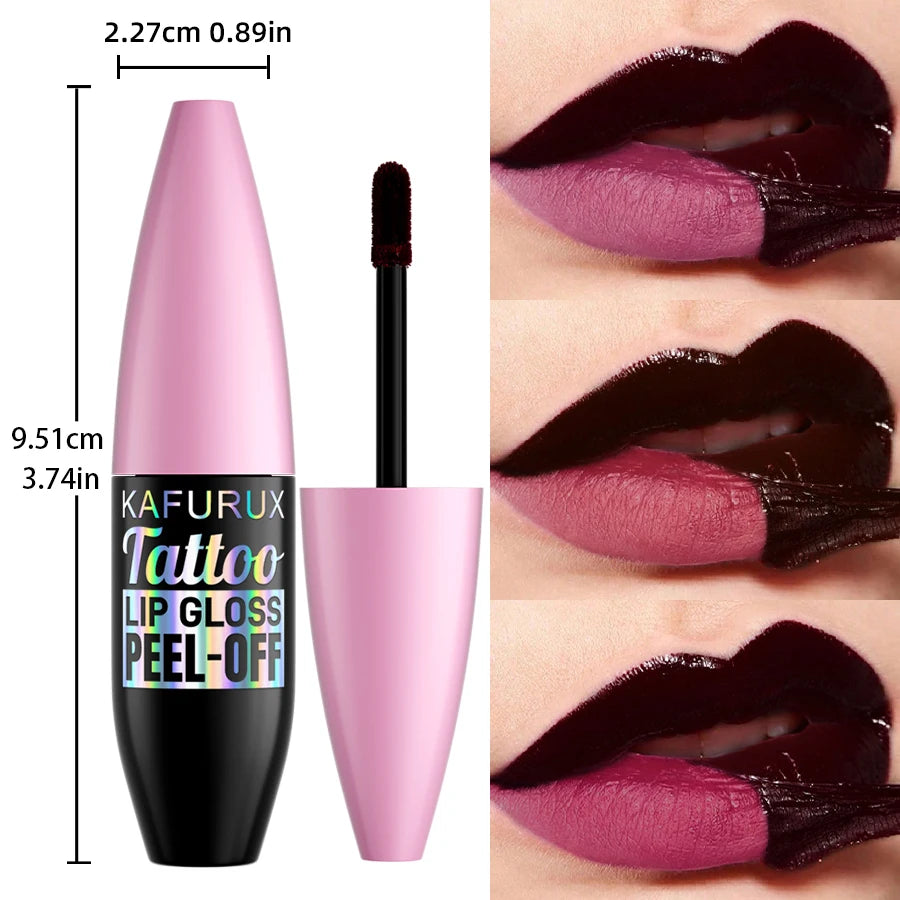 Kafurux long-lasting waterproof peel-off lip gloss in deep dark shade, showing smooth texture and matte stained finish.