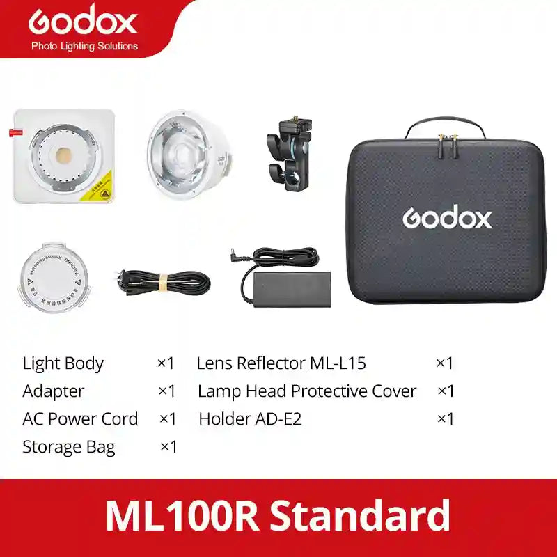 ML100R LED light kit with reflector, mounting holder, protective cover, power adapter, cords, and black storage bag.