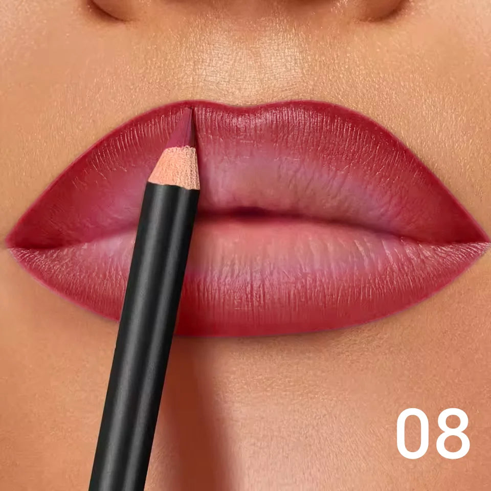 Waterproof matte lip liner pencil applying deep berry shade to lips for a long-lasting, non-transfer matte finish.