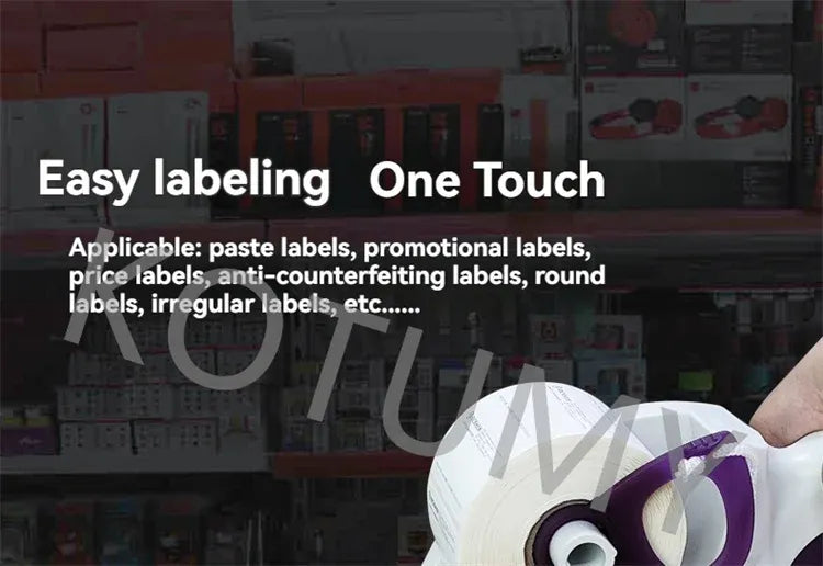 Handheld labeling machine with purple handle, ready-to-use grip and label feed section