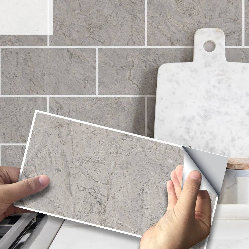 Peel-and-stick brick tile decal sheet in light gray with white grout lines