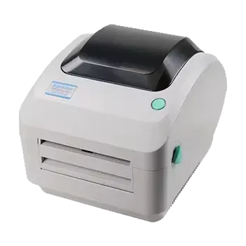 Compact desktop thermal label printer with dark top cover and turquoise control buttons