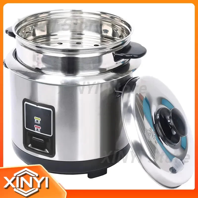 Stainless steel rice cooker pot with open lid and side steam venting knob