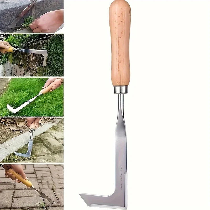 L-shaped stainless steel weeding tool with wooden handle and wide forked blade, silver