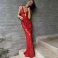 Glitter Sequins Spaghetti Straps Women's Evening Long Maxi Dress Sleeveless Backless High Waist Sexy Lady Birthday Party Gown