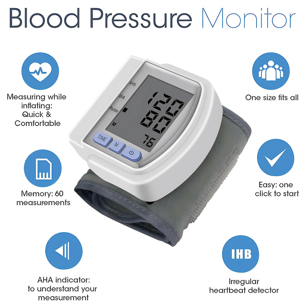 Wrist Digital Blood Pressure Monitor, Heart Rate Pulse Meter, Portable Sphygmomanometer Tensiometer for Home Use