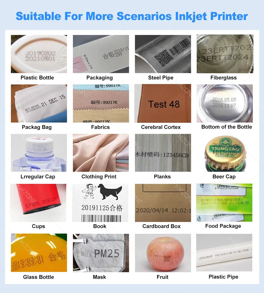 Mini handheld inkjet printer with print examples for bottles, bags, fabrics, and more