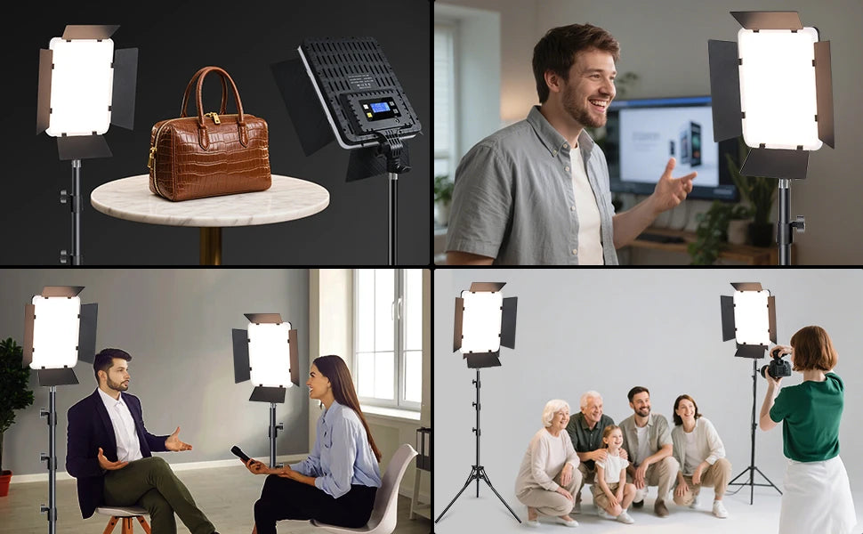 LED video light panels on adjustable stands with barn doors for professional studio, interview, and photography