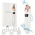 White and rose gold electric blackhead remover with 5 clear suction heads and a box, displayed with water splashes.
