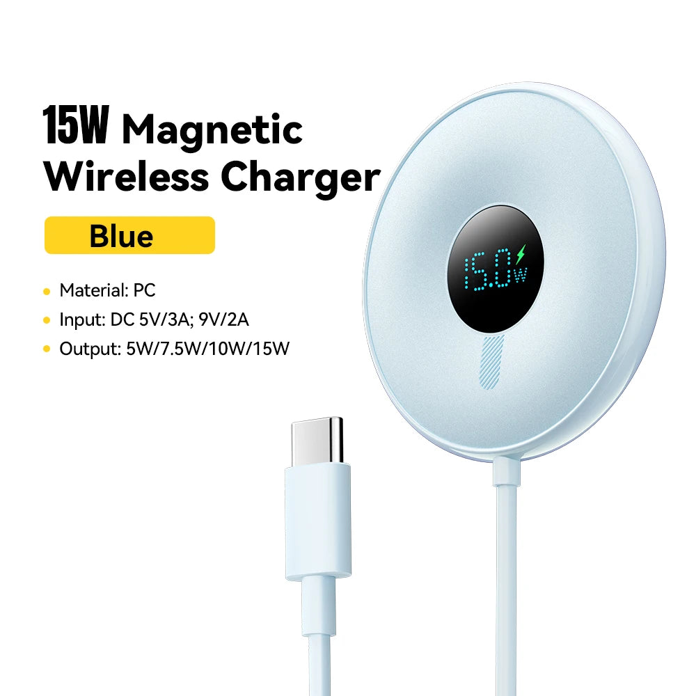 Magnetic 15W Wireless Charger with Digital Display for iPhone 15W Blue CN Tidesmit