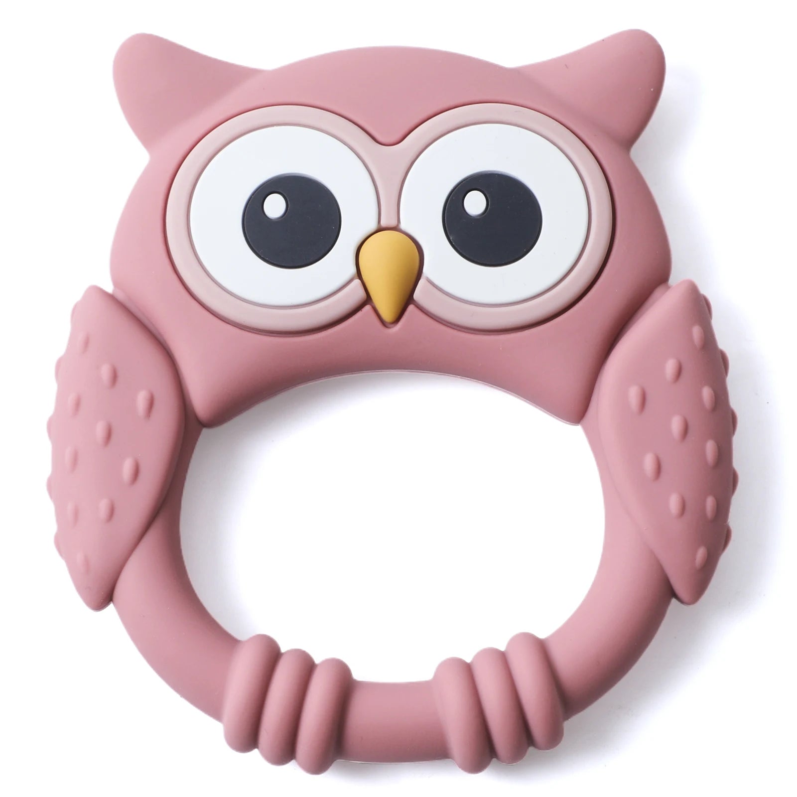 Pink owl silicone teething ring for baby teething relief.