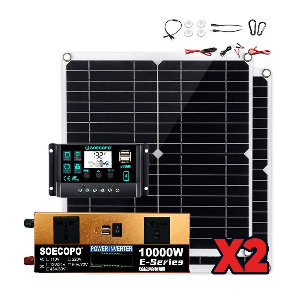 SOECOPO10000W Peak Solar System Kit 2x300W Solar Panels DC 12V 24V - AC 110V/220V Inverter 100A Controller for Home Camping