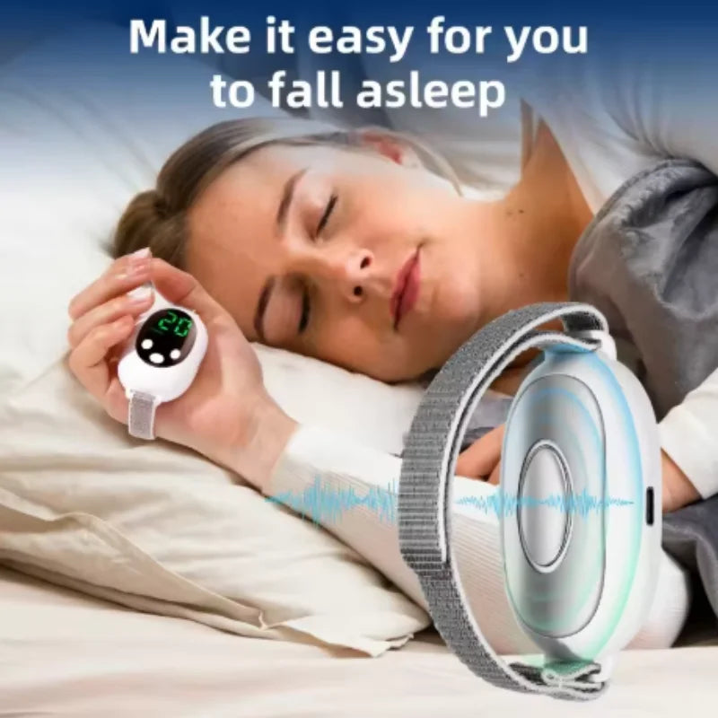 White handheld microcurrent sleep aid device with digital display and wrist strap for insomnia and anxiety relief.