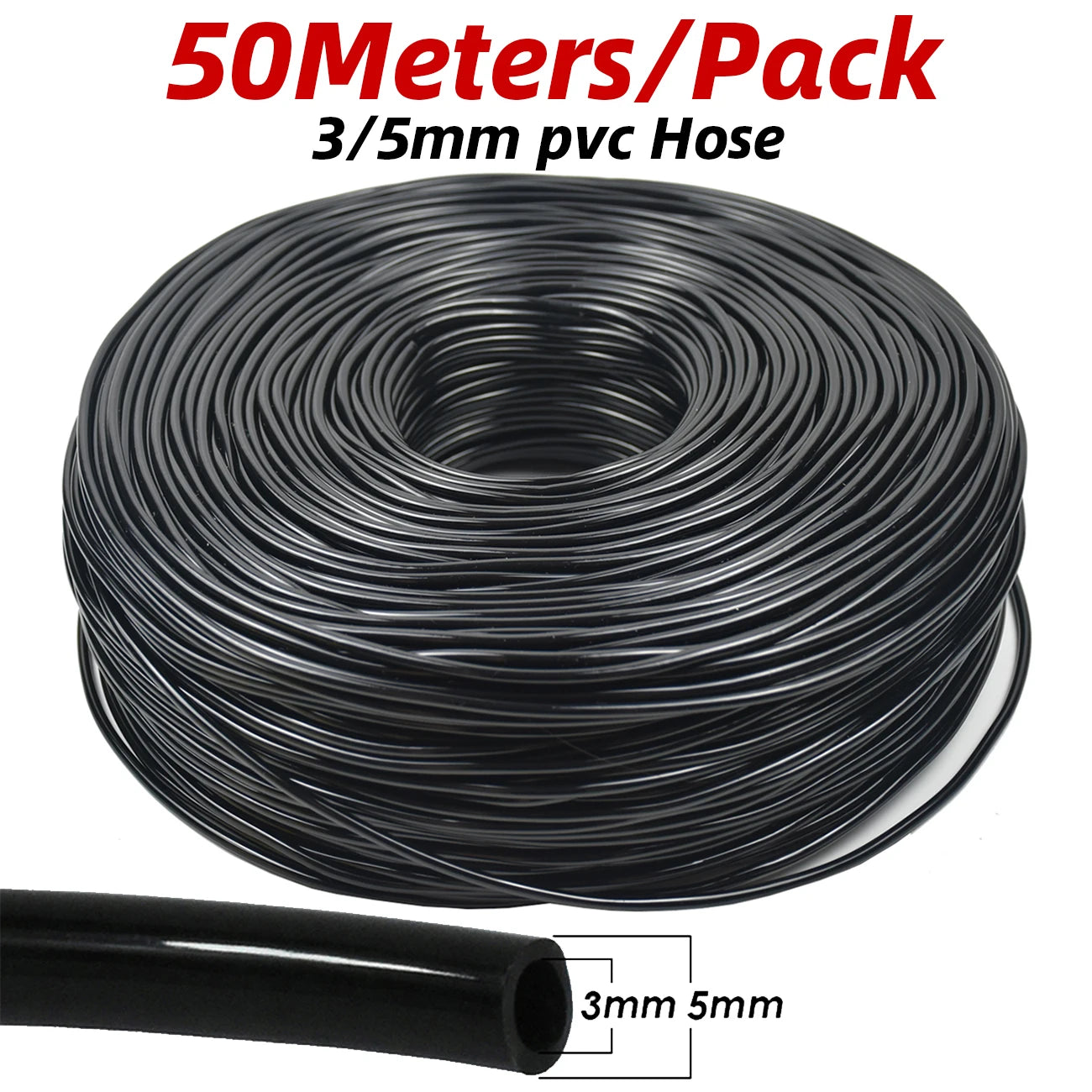 Black 3/5mm PVC drip hose coil, 50 meters per pack