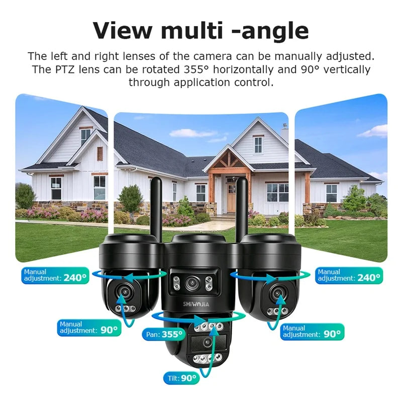 SHIWOJIA AOV Solar Security Camera WIFI 4G SIM Four Lens AI Human Auto Tracking Outdoor CCTV Camera 24/7 Recording