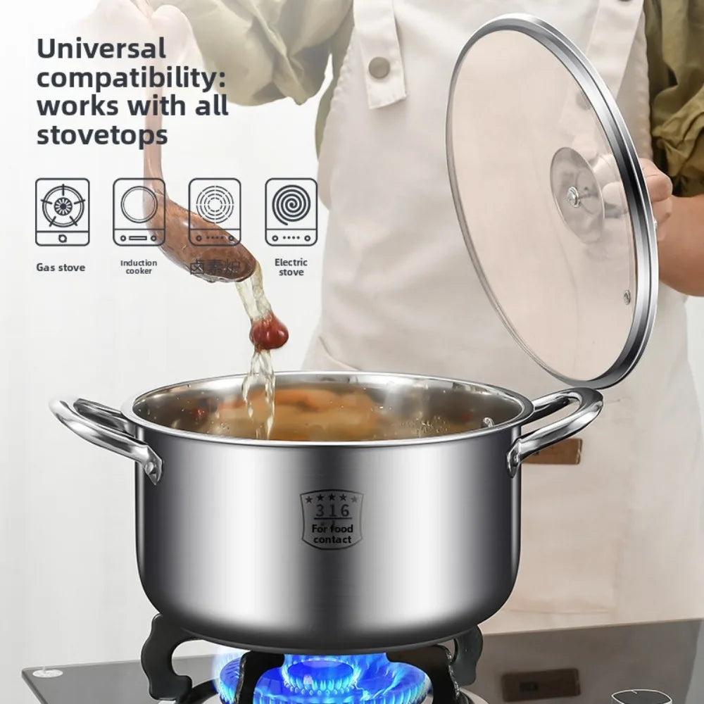Stainless steel steamer pot on stovetop with lid, steaming over blue flame