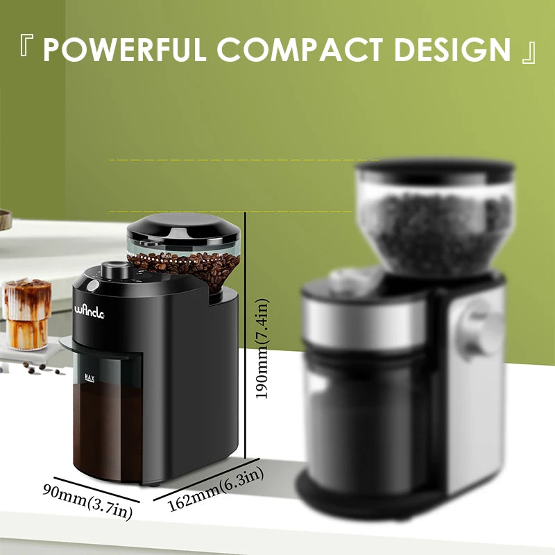 Wancle compact black electric coffee grinder with clear bean hopper, 190mm tall, showing precise product dimensions.