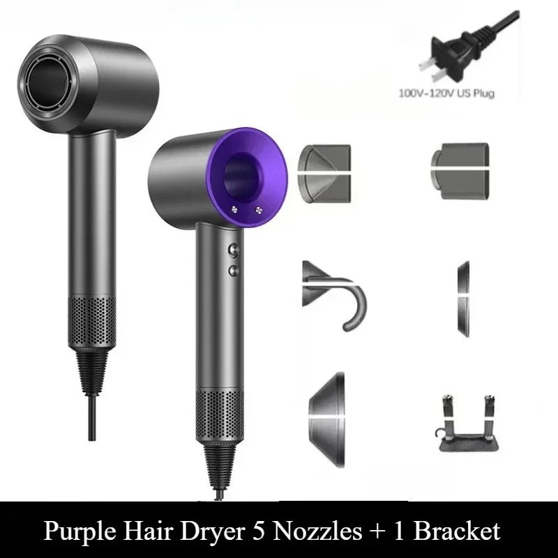 Professional grey and purple leafless hair dryer with 5 magnetic nozzles and wall-mount bracket, US plug.