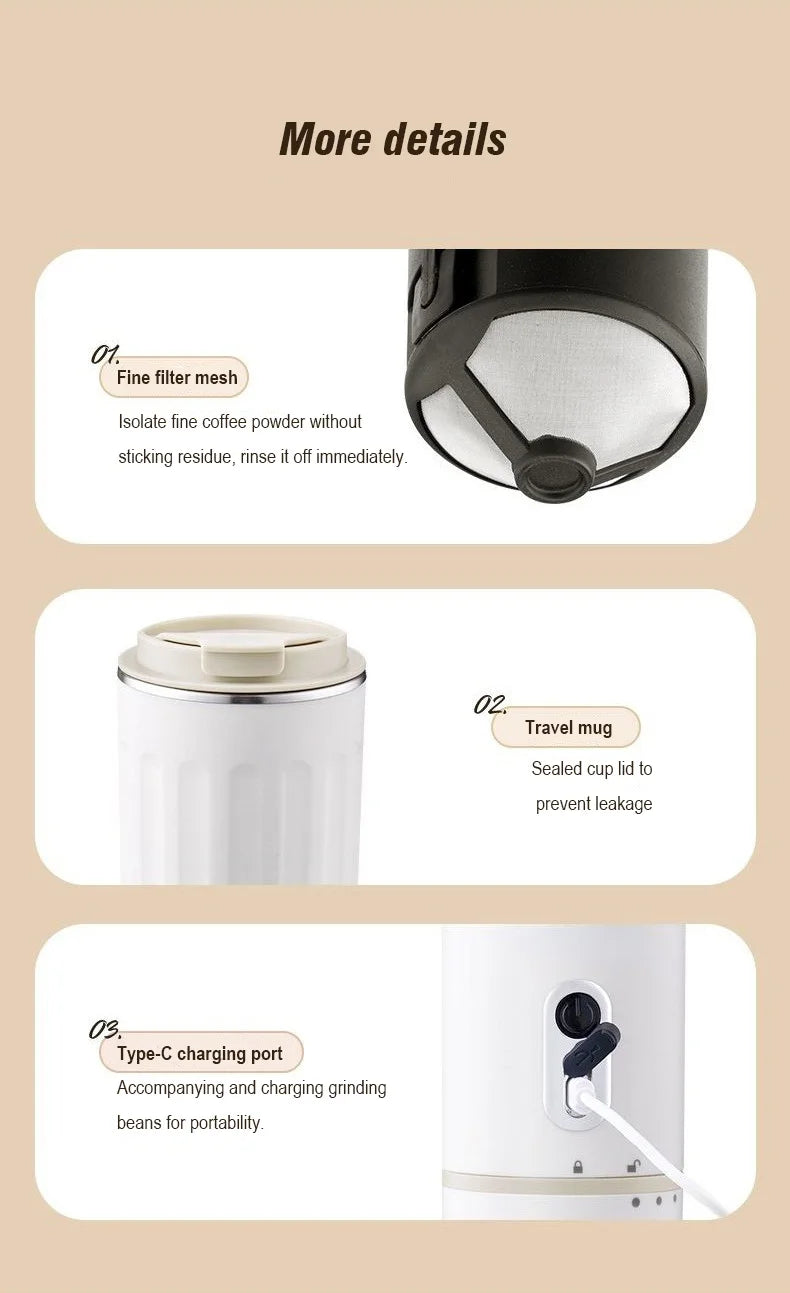 White portable coffee maker with fine mesh filter, travel mug lid, and Type-C charging port for on-the-go brewing.