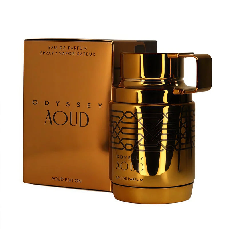 Armaf Odyssey Aoud EDP: Men's Arabian fragrance in a gold metallic bottle with intricate patterns and box. 100ml spray.