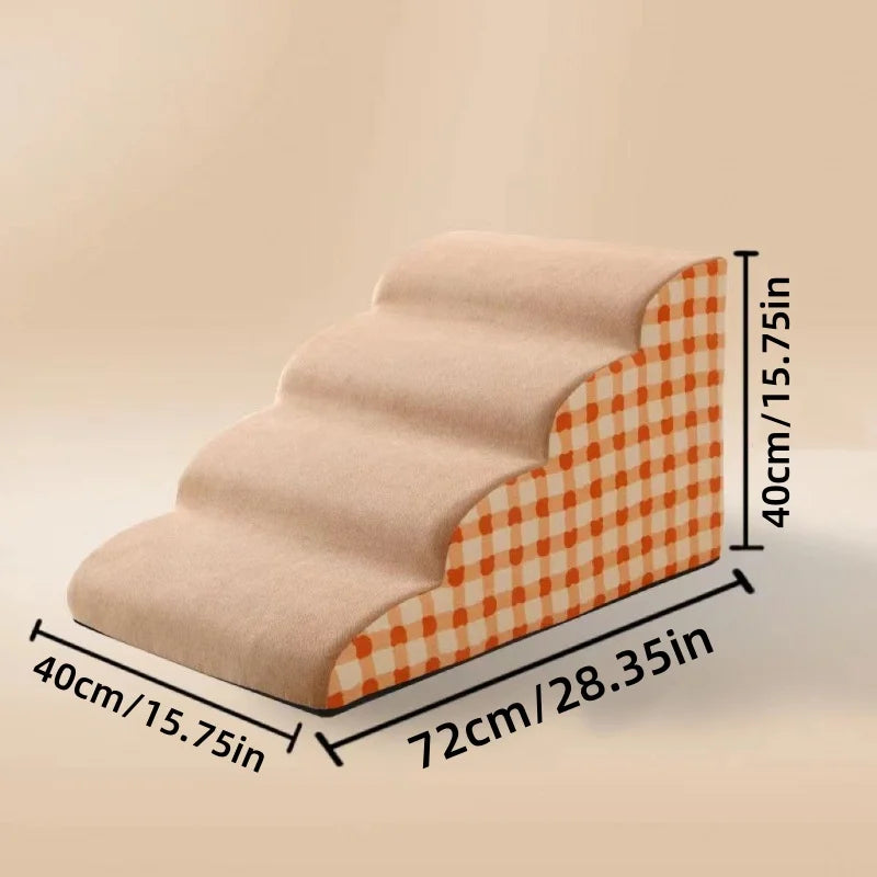 Anti-slip 3-step memory foam dog stairs for couch. Stable, washable pet ladder with beige and orange plaid design.