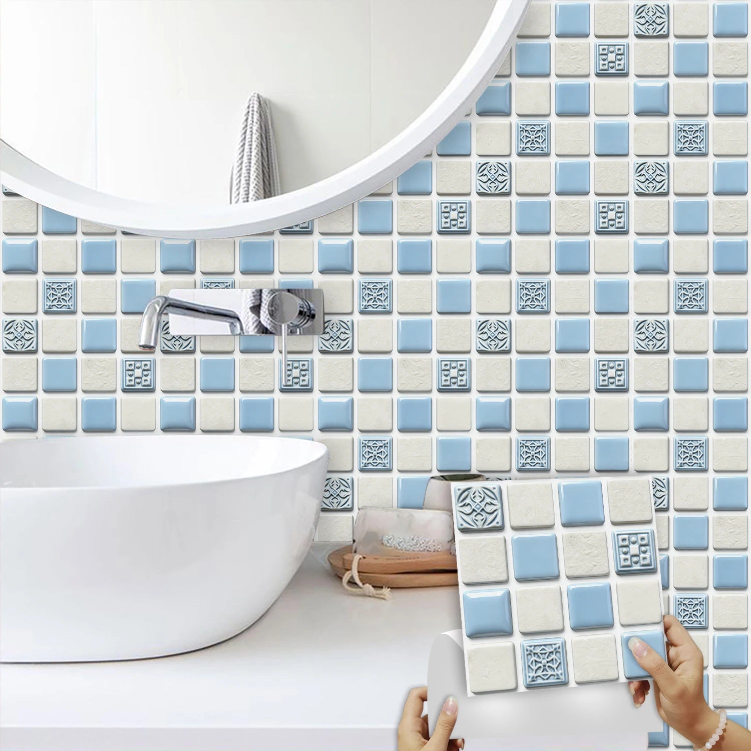 10pcs Flat Mosaic Tiles Sticker Set Kitchen Bathroom Wall Decals Gloss Waterproof Film 2D Surface Cover Transfers for Home Decor