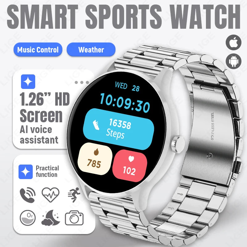 Smart sports watch with silver metal bracelet, round 1.26" HD screen.