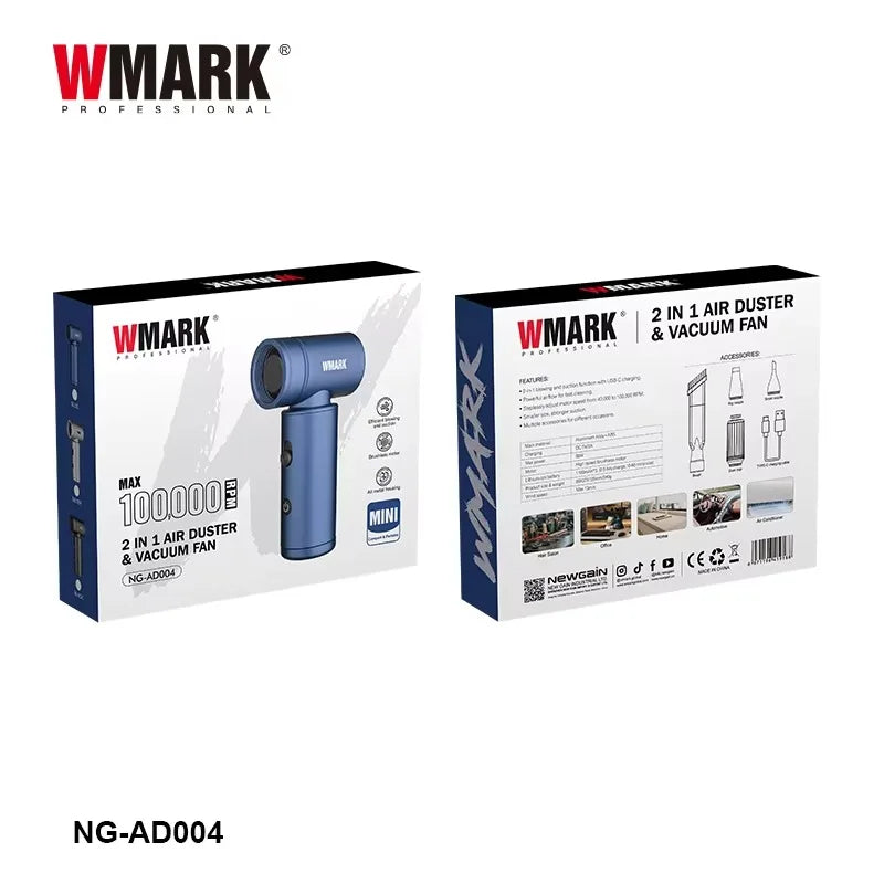 WMARK NG-AD004 blue 2-in-1 portable vacuum and air duster with attachments and 100,000 RPM motor in product packaging.