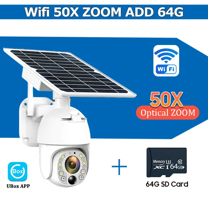 White WiFi solar PTZ security camera with 50x optical zoom and 64GB SD card