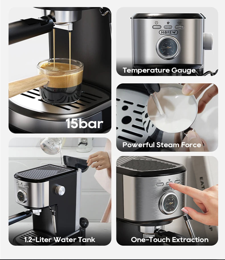 HiBREW 15-bar espresso machine with stainless steel finish, temperature gauge, milk steamer, and 1.2L water tank.