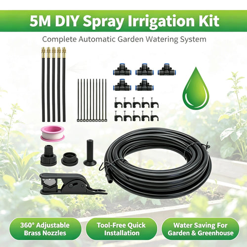 DIY spray irrigation kit with 5 m black hose, brass nozzles, connectors, and end caps