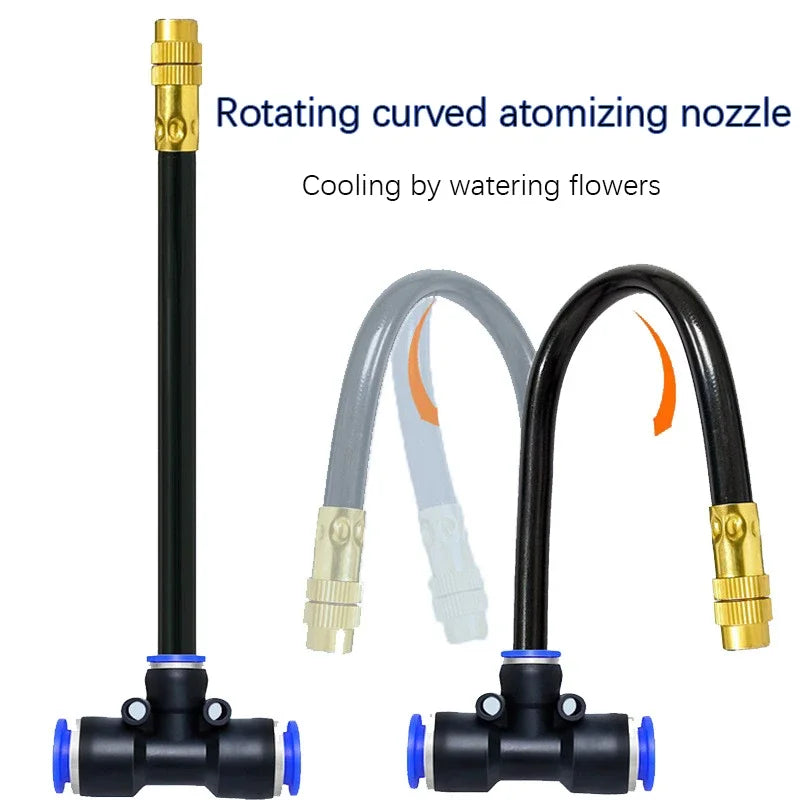 Rotating atomizing sprinkler nozzle set with curved black tubes and gold brass jet tips