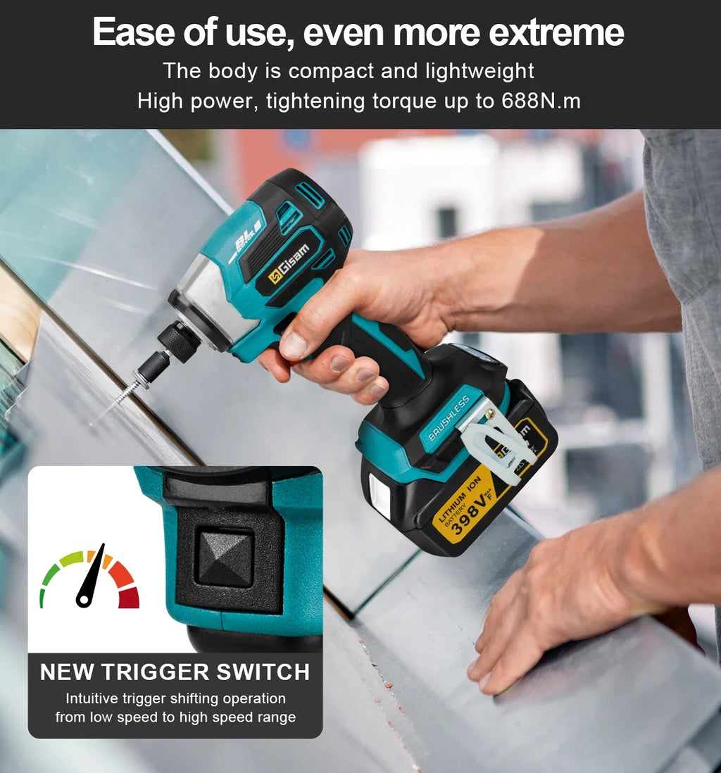 688N.m 1/4'' Brushless Electric Screwdriver Cordless Screwdriver Electric Drill Impact Driver Kit for Makita 18V Battery Pin