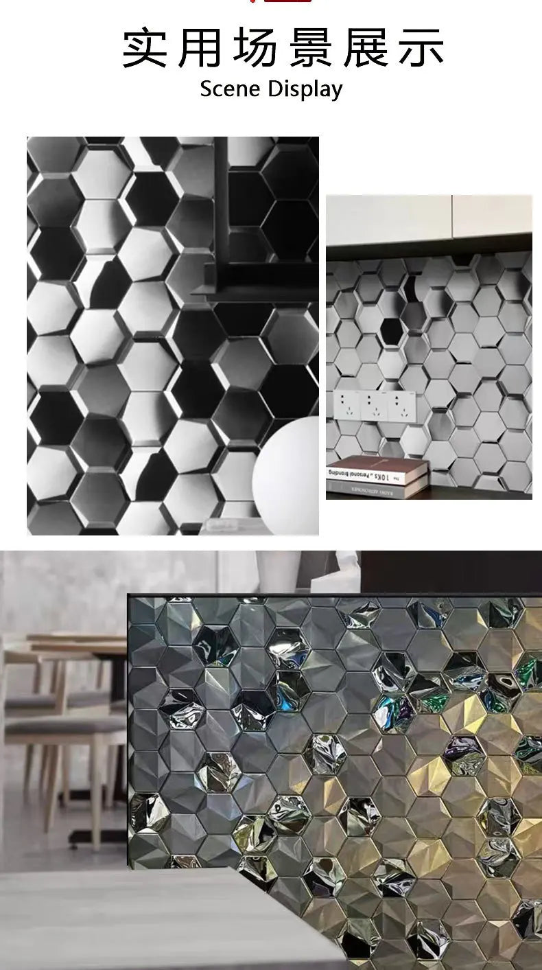 Hexagon Self-Adhesive Metal Mosaic Tiles, 3D Stainless Steel Look Aluminum Plastic Panel, Peel and Stick for Living Dining