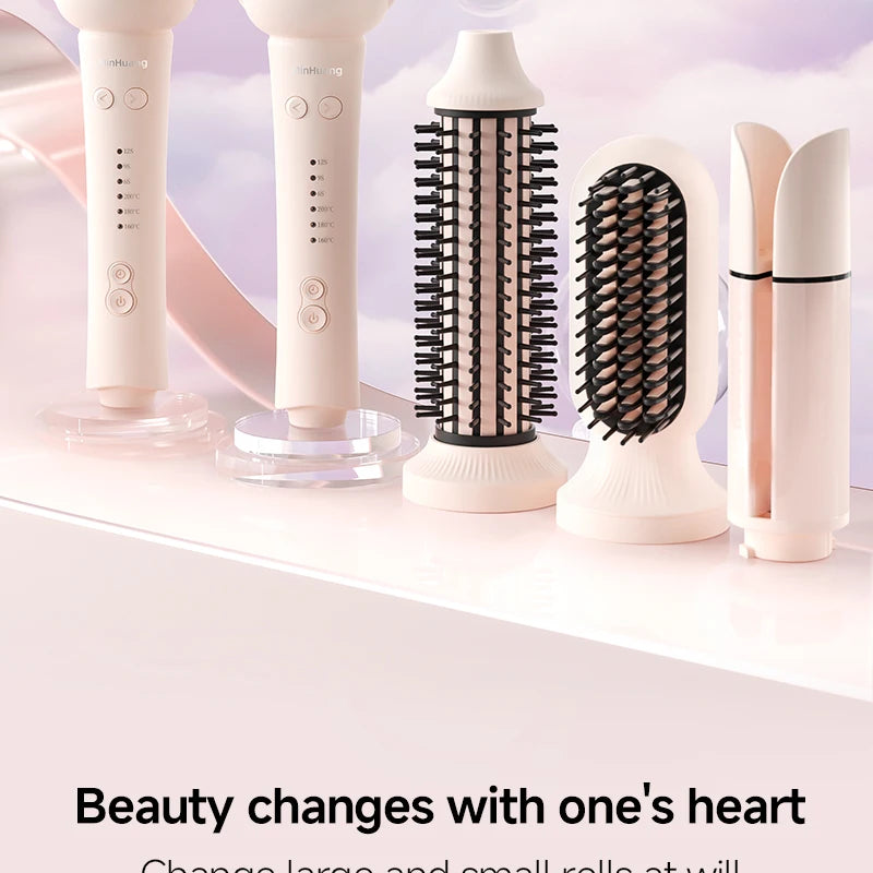 Beige 5-in-1 negative ion curling iron with brush attachments, smart temperature control, and anti-tangle design.