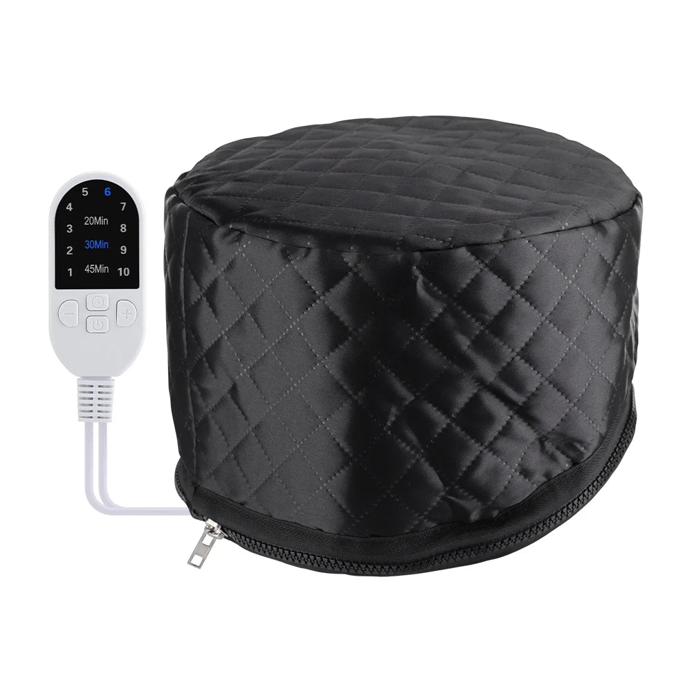 Black quilted electric hair steamer cap with digital 10-level heat and 3-time setting remote for deep conditioning.