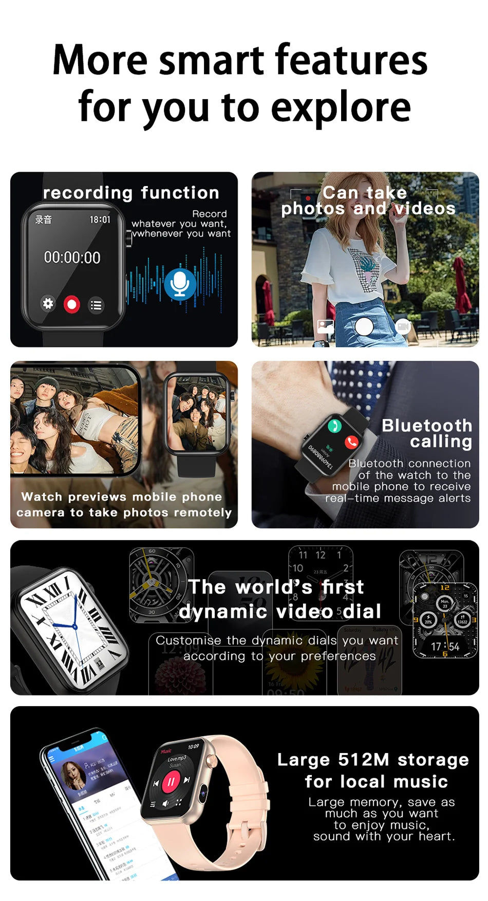 New Smart Watch Women Men Camera Take Photo Record Video Heart rate Sports Fitness Waterproof Bluetooth Call For Android iPhone