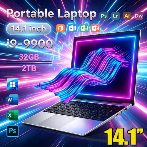 Ultra-slim silver 14.1-inch laptop with a black keyboard, large trackpad, and side ports against a neon digital backdrop.