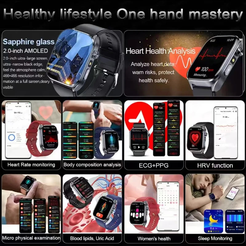 2026 New Accurate ECG Smart Watch Heart Health Analysis Blood analysis Blood Lipid Blood Pressure BT call Smart Watches For Men