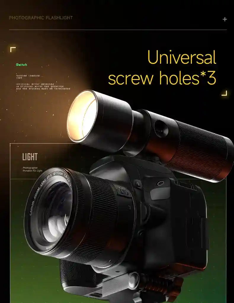 Black cylindrical photographic LED flashlight with three screw holes mounted on top of a DSLR camera for fill lighting.