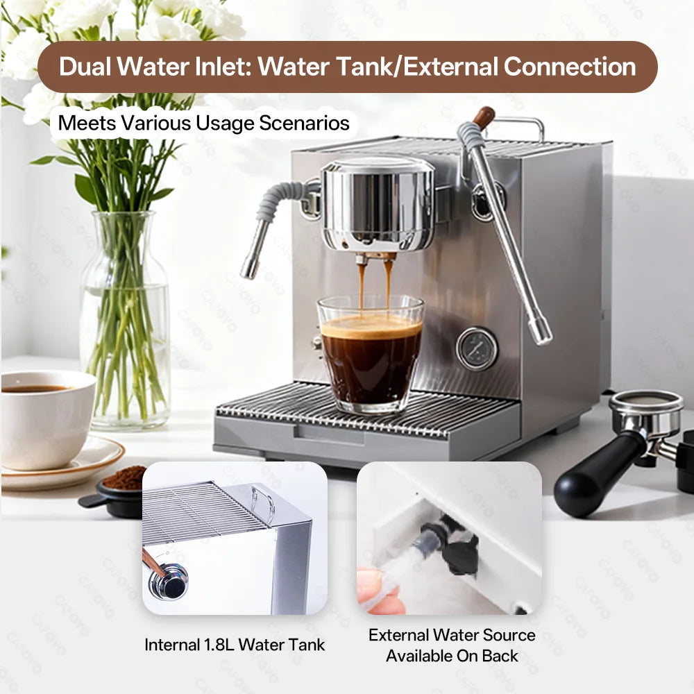 Cafovo stainless steel espresso machine with 1.8L internal tank and dual water inlet for external connections.