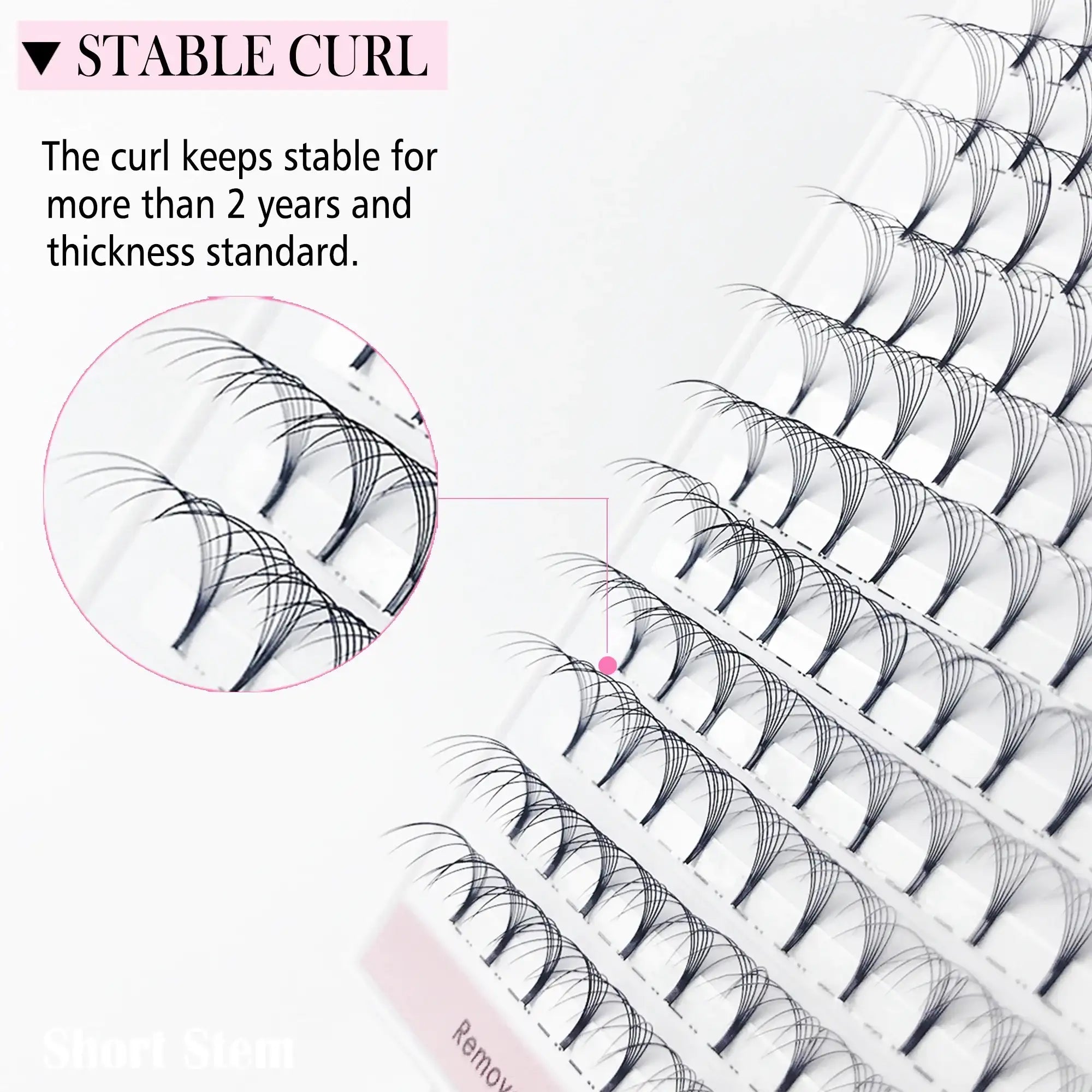 Tray of black 3D-10D faux mink short-stem volume eyelash fans, highlighting a long-lasting stable curl.