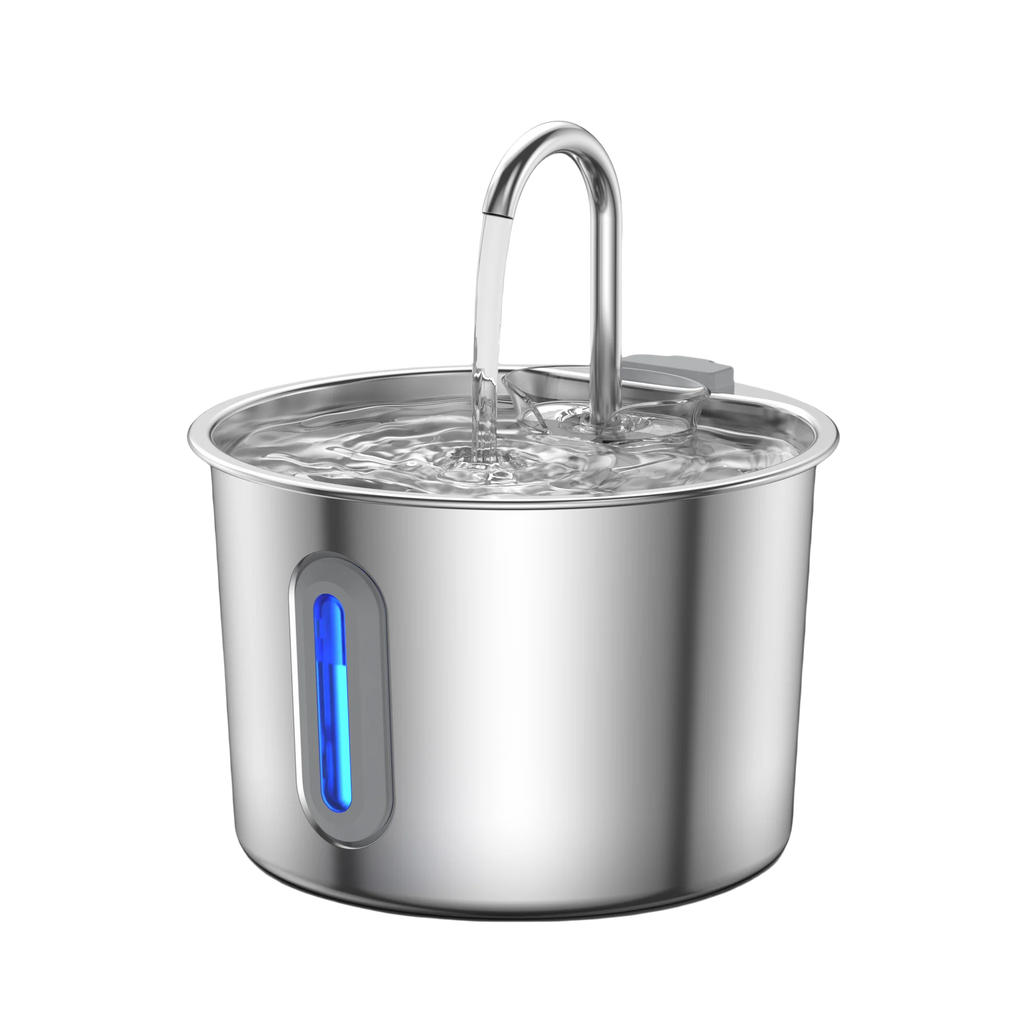 2.2L stainless steel automatic pet water fountain with filter and blue LED water level indicator for cats and dogs.