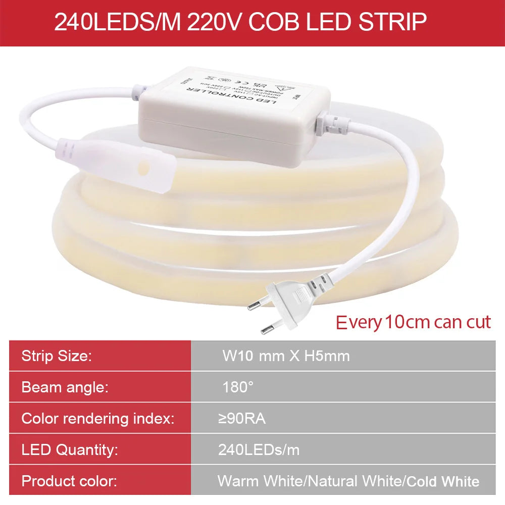 Wifi Bluetooth COB LED Neon Strip Light Wall Touch 23key Remote Control 220V Dimmer Power Kit 5m 10m 20m 0.5m 240LED/m Flex Lamp